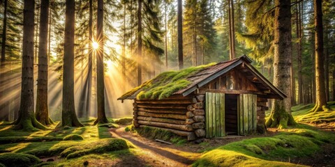 Aufkleber - Secluded Wooden Cabin Bathed in Golden Sunlight Amongst a Lush Forest of Tall Trees