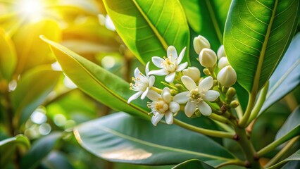 Aufkleber - Illuminated Blossoms Delicate White Flowers Emerging from Lush Green Foliage Basking in Sunlight