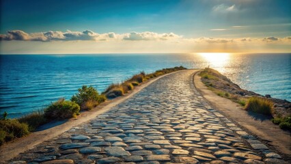 Aufkleber - Serene Coastal Path at Sunset A Cobblestone Road Winding Towards the Horizon, Bathed in Golden Light