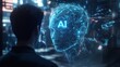 © Nu - An AI avatar in the background with 'AI' written on it, and an office worker facing towards them, symbolizing machine learning technology. artificial intelligence