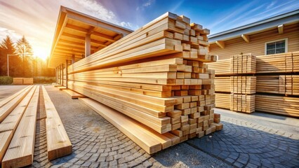 Poster - Sunlight Illuminates Stacks of Lumber at a Construction Supply Yard, Ready for Building Projects