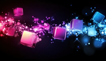 Poster - Abstract composition with floating glowing cubes in pink and blue hues against a dark backdrop illuminated by sparkling light particles and bokeh effects.