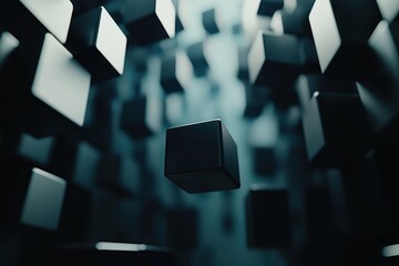 Poster - Abstract composition of floating dark cubes against a blurred background with soft lighting creating depth and a sense of suspension