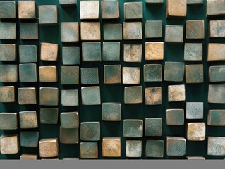 Poster - Abstract arrangement of square wooden blocks in shades of gray and gold creating a textured pattern against a dark green background showcasing detailed texture and geometric precision.