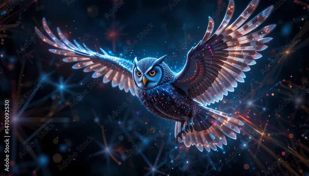 Flying Owl Animal Plexus Neon Black Background Digital Desktop ...