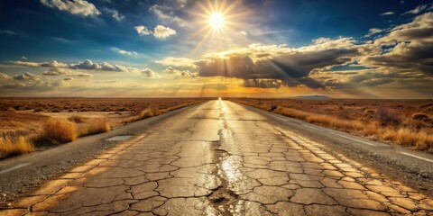 Poster - A sun-drenched, cracked asphalt road stretches towards a vibrant sunset, the golden hour light illuminating a vast, dry landscape