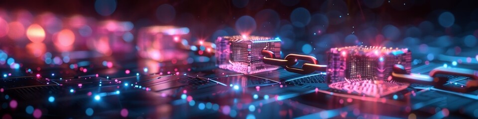 Premium wide-format visualization of blockchain technology network featuring a flowing digital mesh structure with glowing purple and pink connections. This is AI Generated LinkedIn banner