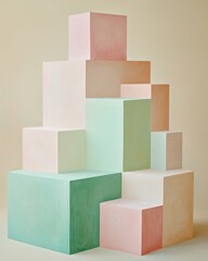 Poster - Abstract geometric structure featuring layered pastel colored blocks against a neutral background. The blocks create a sense of depth and visual interest