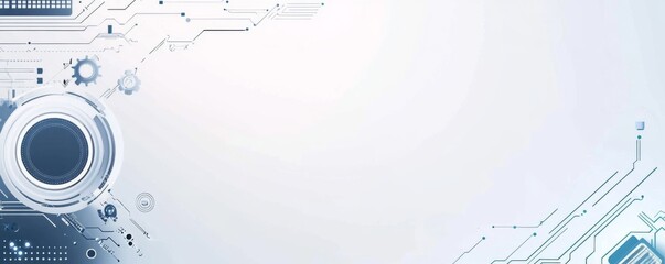 Aufkleber - banner design with a white circle, blue and gray color scheme background. digital technology and gears on the left side, circuit board lines. modern tech