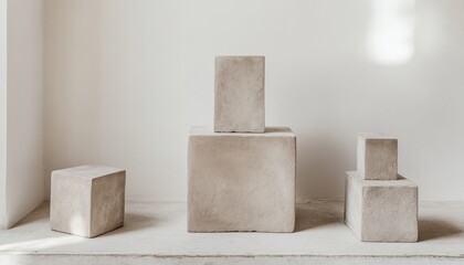 Poster - Arrangement of textured stone blocks in a minimalist white interior with soft lighting and subtle shadows creating a serene and abstract composition.