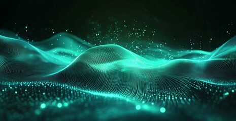 Aufkleber - Abstract digital background with glowing green and teal lines forming an illuminated futuristic hologram in the center of the frame, surrounded by dark space.