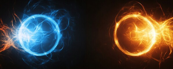 Aufkleber - Abstract futuristic background with glowing blue and orange lights on a black background