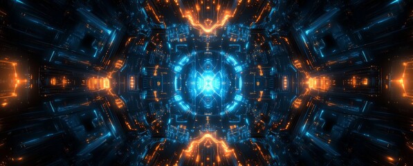 Poster - Abstract futuristic background with glowing blue and orange lights on a black background, technology concept banner design.