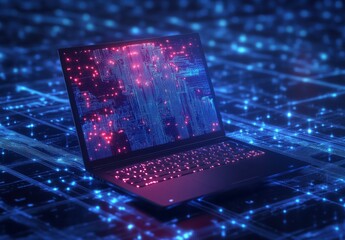 Poster - A laptop with glowing circuitry on the screen sits atop an abstract digital grid background, representing advanced technology and computer engineering in blue tones.