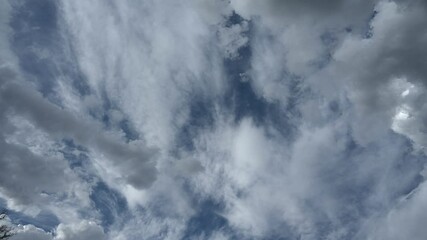 Wall Mural - Time-lapse of multiple layes of white summer clouds moving across a sky with blue patches
