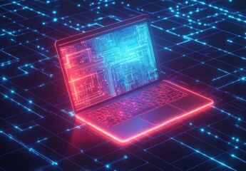Aufkleber - A laptop with glowing circuitry on the screen sits atop an abstract digital grid background, representing advanced technology and computer engineering in blue tones.