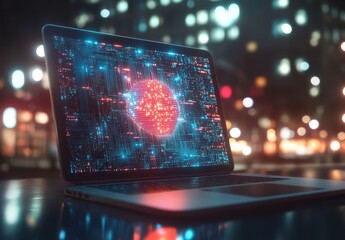 Aufkleber - A laptop with digital circuitry and data flowing through it, symbolizing the integration of AI technology in modern business applications.
