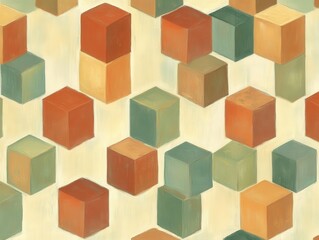 Poster - Abstract Geometric Cubes Pattern in Orange Green and Brown Colors on a Textured Background