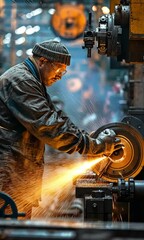 Poster - Crafting precision in a busy factory during evening hours with sparks flying from machinery