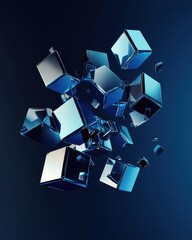 Poster - Abstract composition featuring reflective blue cubes floating against a dark blue gradient background with soft lighting creating a sense of depth and dimension