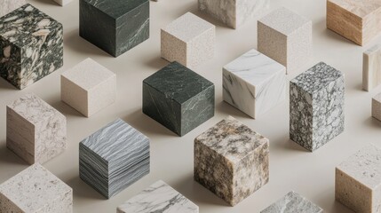 Poster - Various textured cube blocks in different shades of gray and brown are arranged on a neutral background creating a modern and abstract composition.