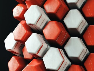 Poster - Abstract hexagonal pattern in red and white with a black background, showcasing a 3D textured design with a honeycomb appearance. The geometric shapes create a repeating pattern with detailed textures