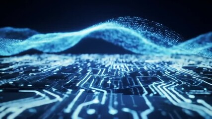 Poster - Digital Circuit Board with Glowing Data Stream Animation in Blue Tones