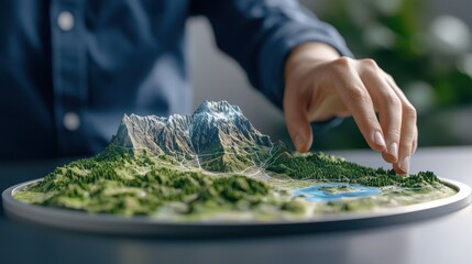Poster - Future Classroom Holographic Concept, Student Interacting with Holographic Model of Mountain Landscape and Terrain Features in a Classroom Setting