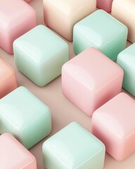 Poster - Abstract composition of pastel colored cubes arranged in a repeating pattern. The soft lighting enhances the geometric shapes creating a minimalist and modern aesthetic.
