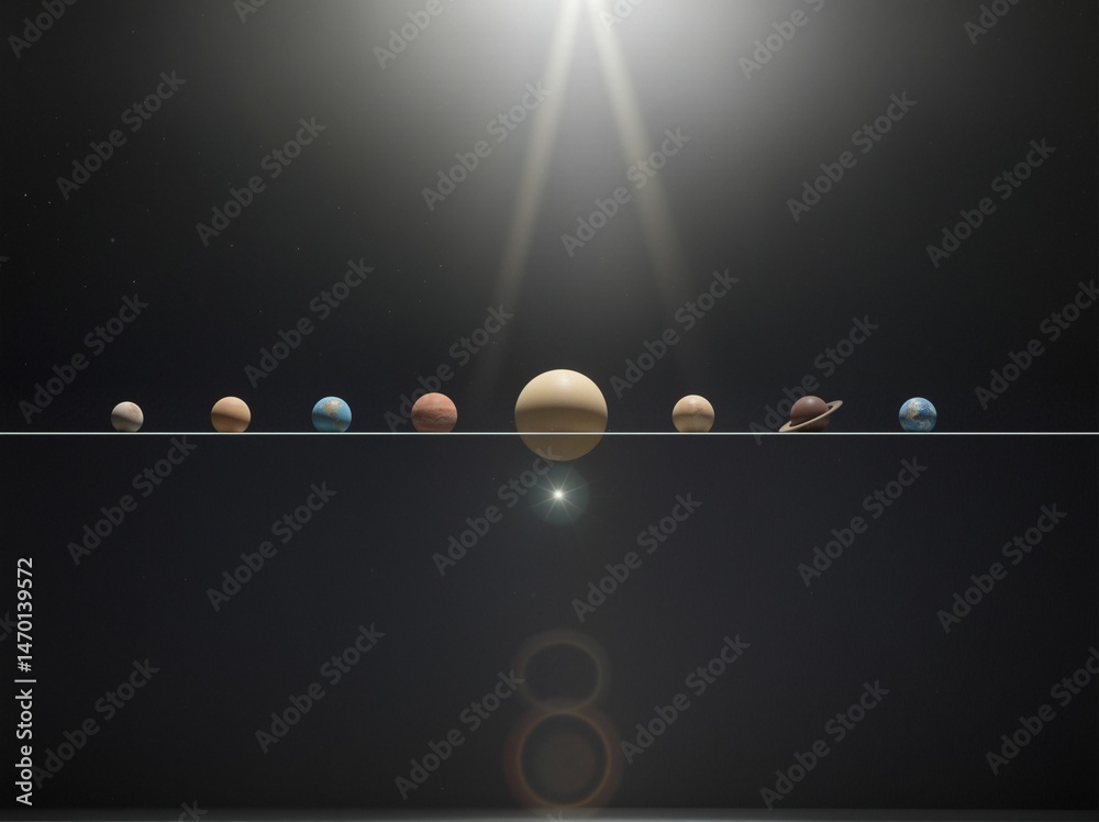 Eight planets of the solar system are aligned on a reflective surface ...