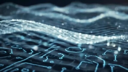 Poster - Abstract Circuit Board Animation with Flowing Data Streams and Digital Landscape