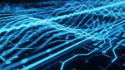 Poster - Animated Circuit Board with Glowing Blue Traces and Data Signals