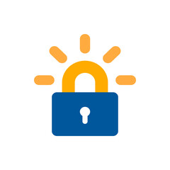 Poster - Illustration of a blue padlock with an orange shackle and radiating orange shapes around it on white background