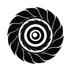 Poster - Abstract black and white circular design featuring concentric circles and stylized leaf-like elements