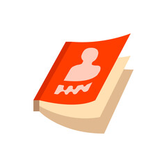 Poster - Orange book with a person icon and wavy lines on the cover sitting at an angle with blank pages visible