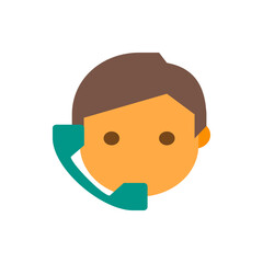Poster - Illustration of a person with brown hair and an orange face holding a teal telephone receiver to their ear