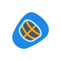 Poster - Stylized blue shape containing a gray globe with orange grid lines and light blue border design element