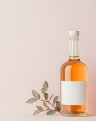 Poster - Minimal Rose Wine Bottle Mockup with Blank Label and Eucalyptus Branch on Pink Background