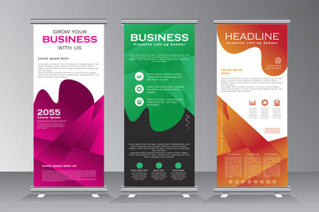 Wall Mural - Roll up banner stand template design, Vertical banner design with purple, green and orange color, pull up, x banner, print ready business roll up banner set, vector eps 10.
