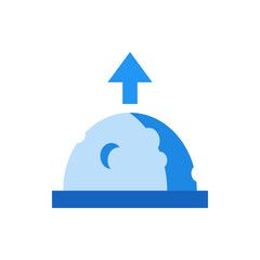 Poster - A blue arrow pointing upwards above a light blue semi circle with a dark blue crescent shape and base