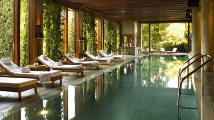 Poster - Luxurious indoor swimming pool with comfortable lounge chairs awaits visitors