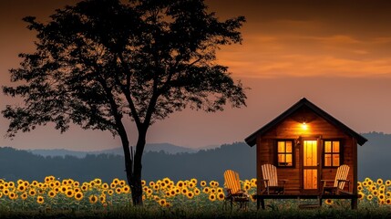 Poster - A small wooden cabin rests near a field of sunflowers at dusk