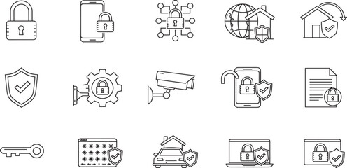 Fototapete - Safety, protection and security concept editable stroke outline icons set isolated on white background flat vector illustration