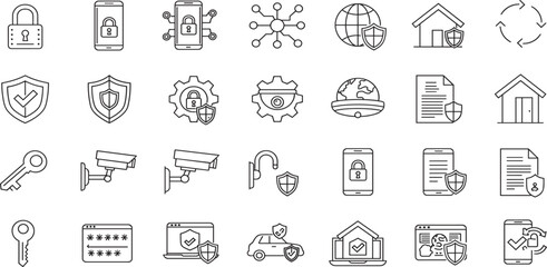 Fototapete - Safety, protection and security concept editable stroke outline icons set isolated on white background flat vector illustration