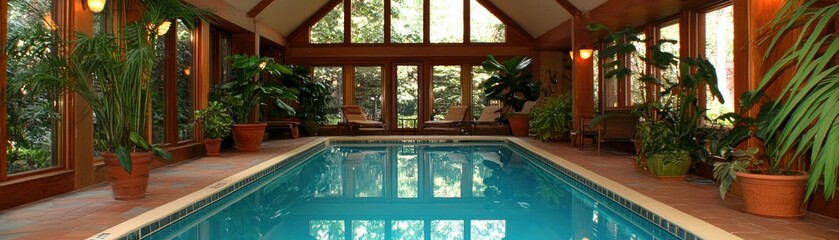 Poster - A luxurious indoor pool room featuring many potted green plants
