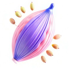 Poster - A colorful abstract design featuring a purple and pink object surrounded by small yellow elements on a bright background.