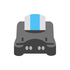Poster - Illustration of a gray and black video game console with a blue and white cartridge inserted on top view