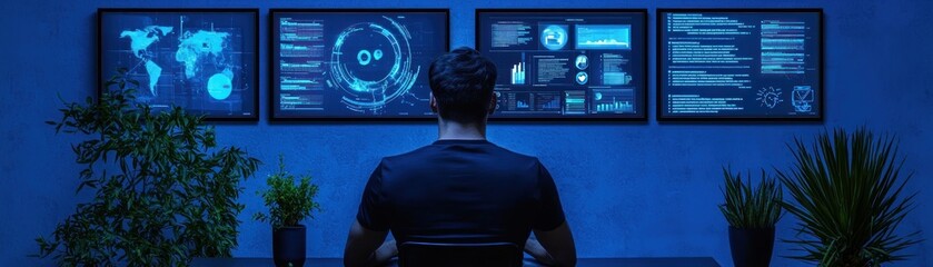Poster - A person analyses data displayed on computer monitors in a room