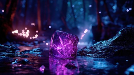 Poster - A glowing purple crystal rests in a dark enchanted forest setting