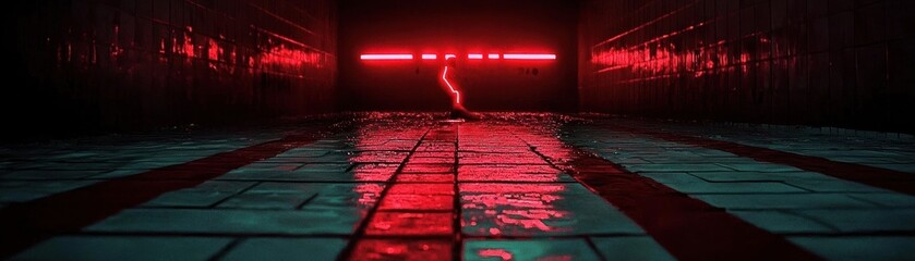 Poster - A dark red lighted hallway leads to a source of light